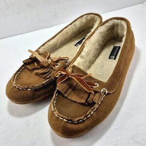 Sperry Top-Sider Brown Suede Moccasin Slippers Faux Fur Lined Woman's 11